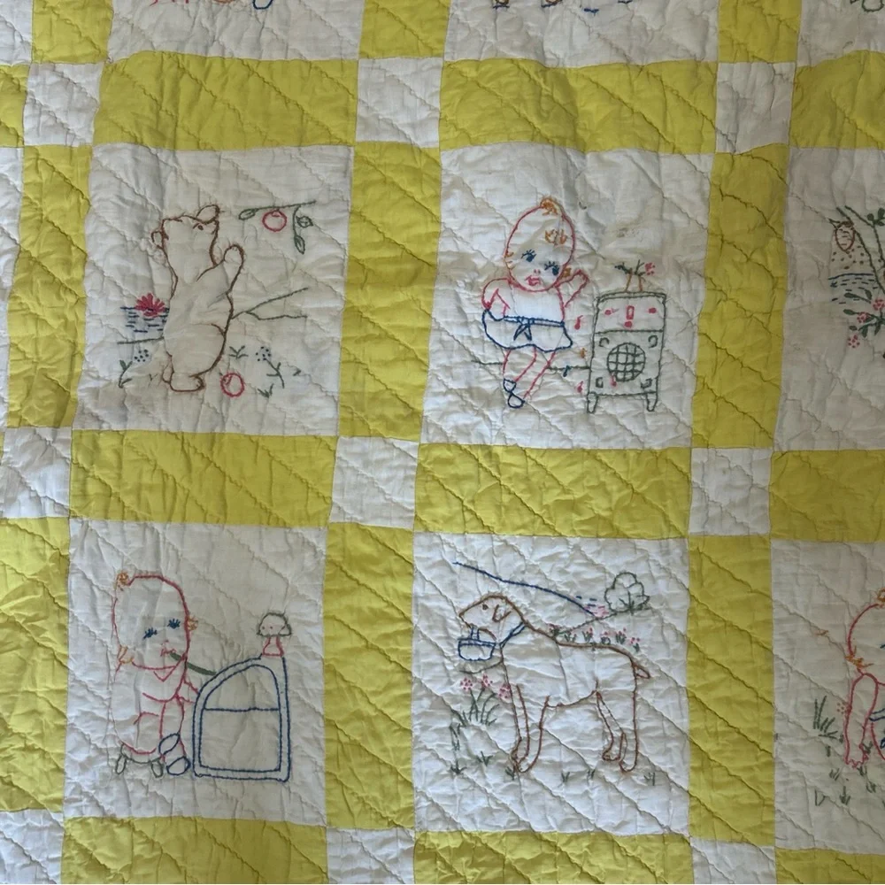 Vintage Handmade quilt Baby Blanket Embroidered Animals Yellow 64x78